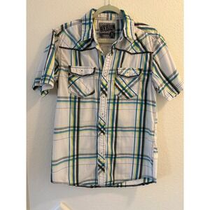 RERUN Men's Short Sleeve Plaid Western Shirt Button Down Size Medium